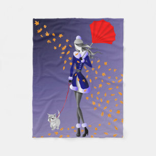 Cute Autumn Leaves Winter Dog Walk Blue Fleece Blanket