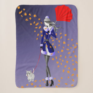 Cute Autumn Leaves Winter Dog Walk Blue Sherpa Blanket