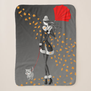 Cute Autumn Leaves Winter Dog Walk Grey  Sherpa Blanket