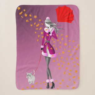 Cute Autumn Leaves Winter Dog Walk Pink Sherpa Blanket