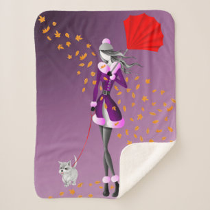 Cute Autumn Leaves Winter Dog Walk Purple  Sherpa Blanket