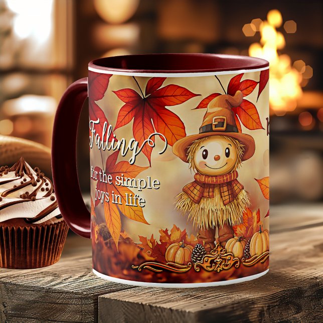 Cute Autumn Magic Leaf Thanksgiving  Coffee Mug (Autumn mug featuring a cute doll in a fall scene with colorful leaves - Thanksgiving - birthday)