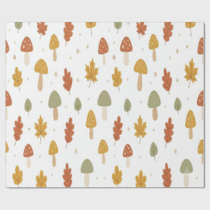 Cute Autumn Mushroom and Leaves Wrapping Paper