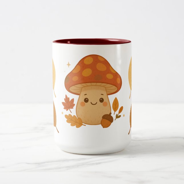 Cute Autumn Mushroom on Cosy Foliage Two-Tone Coffee Mug (Center)