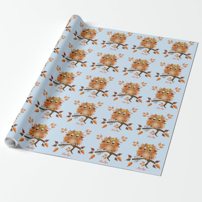 Cute Autumn Owl & custom Name Wrapping Paper (Unrolled)