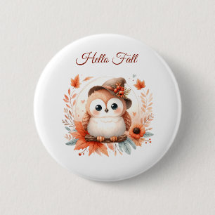 Cute Autumn Owl Sitting on a Branch 6 Cm Round Badge