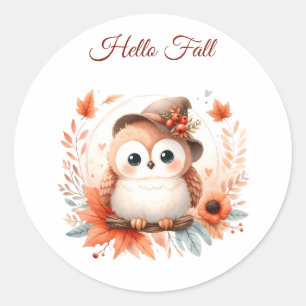 Cute Autumn Owl Sitting on a Branch Classic Round Sticker