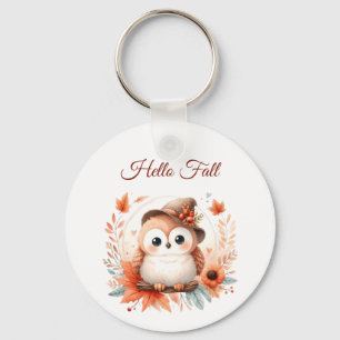 Cute Autumn Owl Sitting on a Branch Key Ring