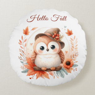 Cute Autumn Owl Sitting on a Branch Round Cushion