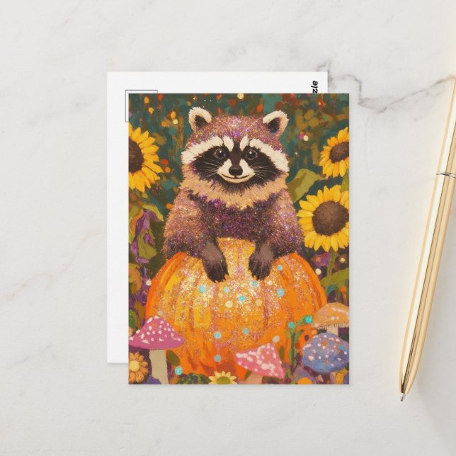 Cute Autumn Racoon Postcard (Front/Back In Situ)