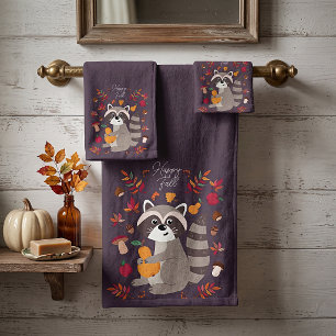 Cute autumn racoon with custom text bath towel set