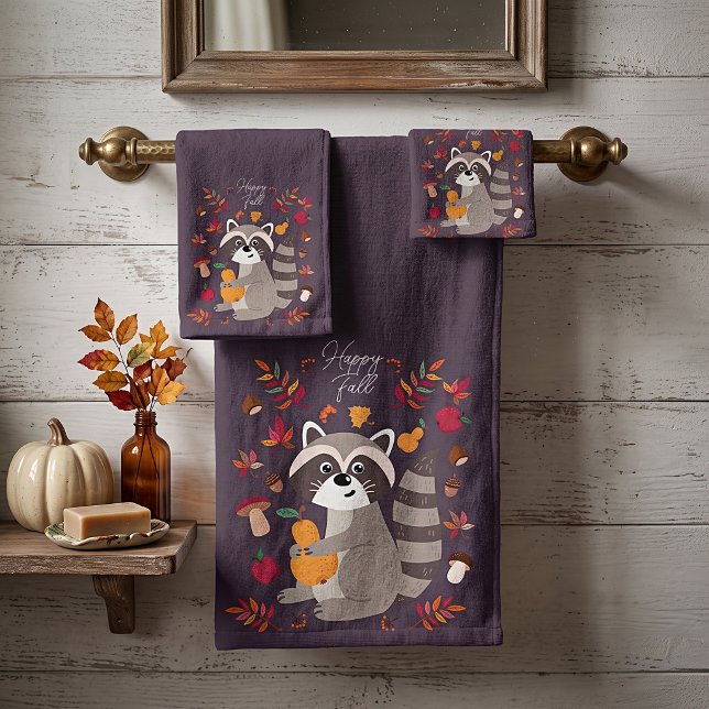 Cute autumn racoon with custom text bath towel set (Creator Uploaded)