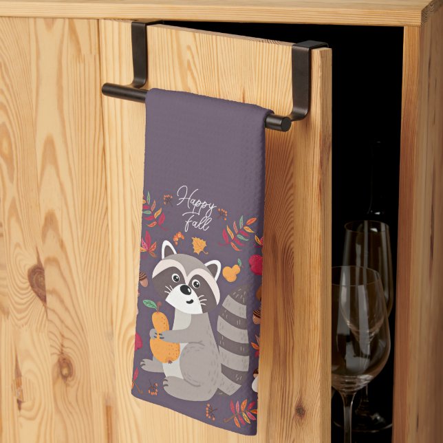 Cute autumn racoon with custom text  tea towel (Thirds Fold)