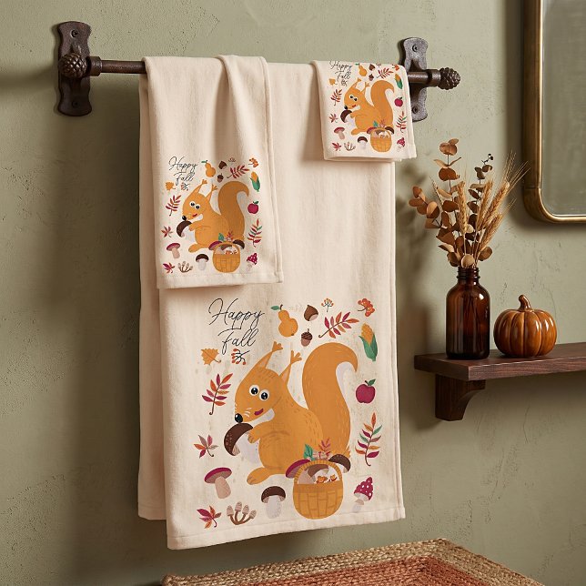 Cute autumn squirrel with custom text   bath towel set (Creator Uploaded)