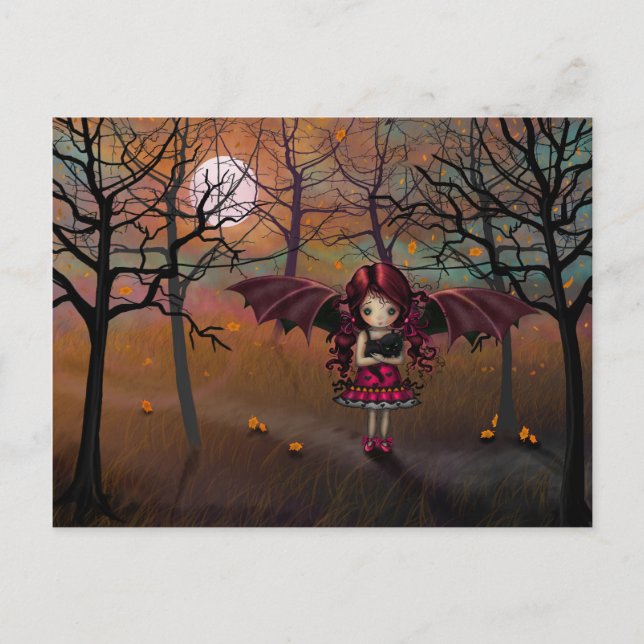 Cute Autumn Vampire and Black Cat Postcard (Front)