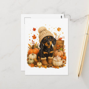 Cute Autumn Wiener Dog Thanksgiving Postcard