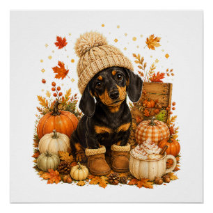 Cute Autumn Wiener Dog Thanksgiving Poster