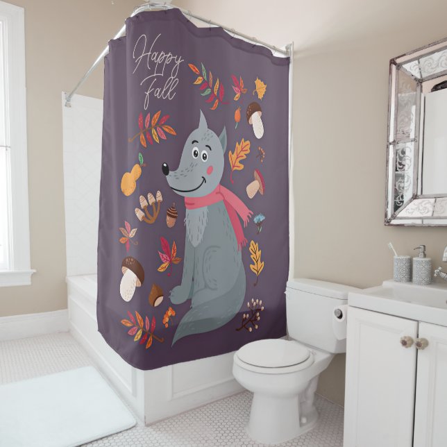 Cute autumn wolf with custom text shower curtain (In Situ)