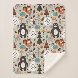 Cute Autumn Woodland Animals Pattern Sherpa Blanket