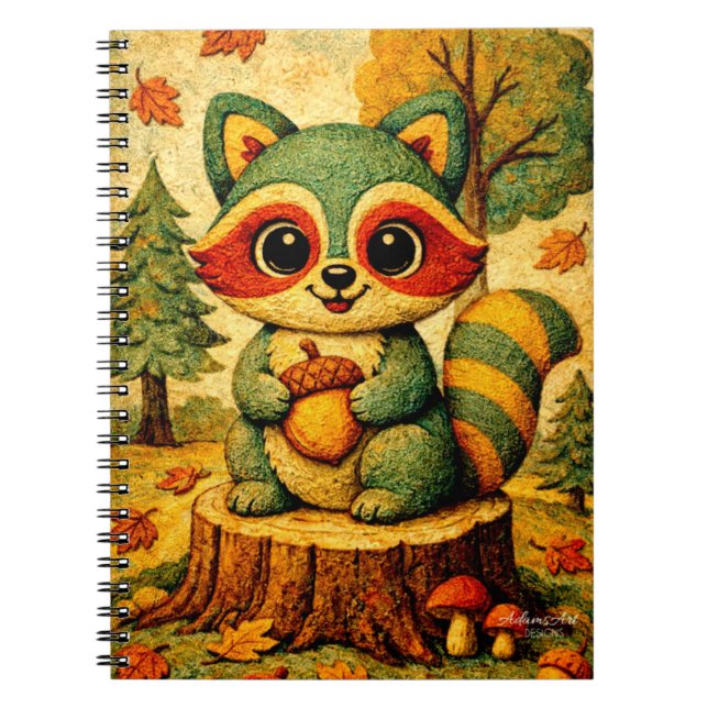 Cute Autumn Woodland Racoon with Acorn Notebook (Front)