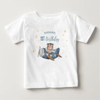 Cute Aviation Bear Blue Vintage Plane Birthday Baby T-Shirt