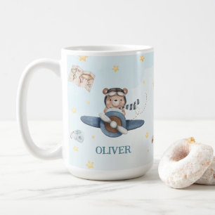 Cute Aviation Bear Blue Vintage Plane  Coffee Mug