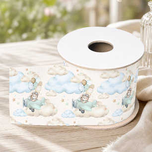 Cute Aviator Bear Blue Clouds Grosgrain Ribbon