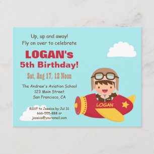 Cute Aviator Boy Aeroplane Birthday Party Invitation