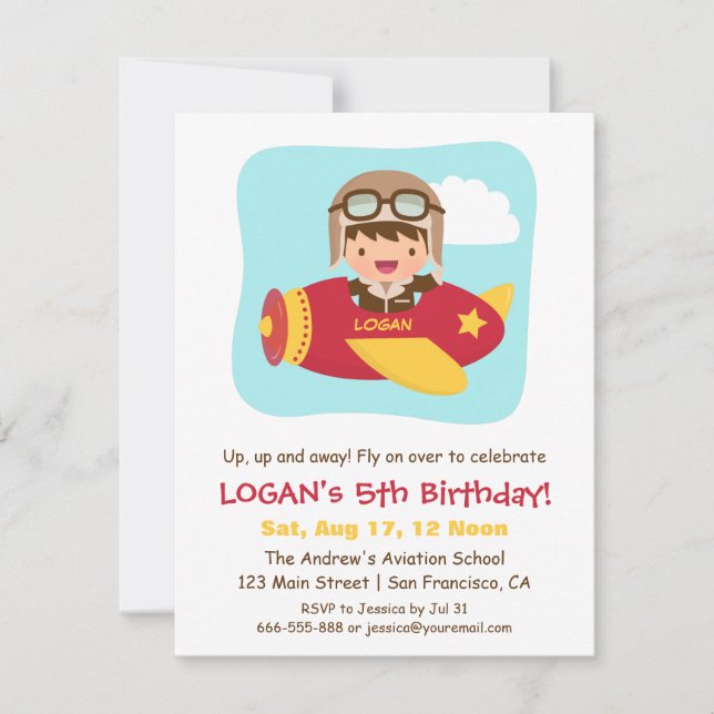 Cute Aviator Boy Aeroplane Birthday Party Invitation (Front)