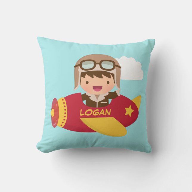 Cute Aviator Boy Aeroplane Kids Room Decor Cushion (Front)