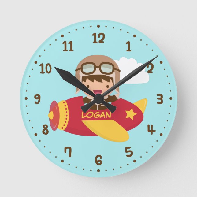 Cute Aviator Boy Aeroplane Kids Room Decor Round Clock (Front)