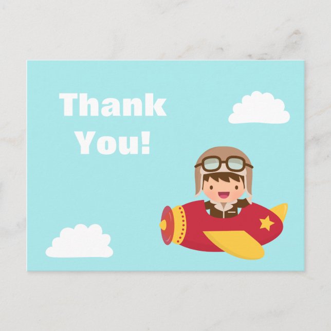 Cute Aviator Boy Aeroplane Thank You Greeting Postcard (Front)
