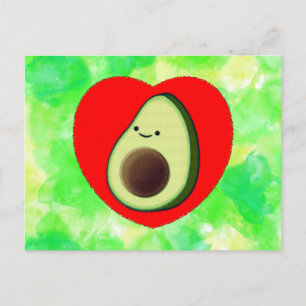 Cute Avocado Cartoon In Red Heart on Watercolor Postcard