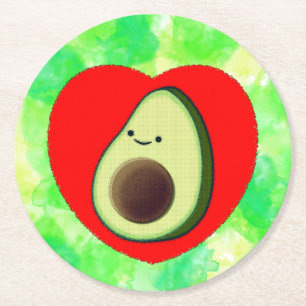 Cute Avocado Cartoon In Red Heart on Watercolor Round Paper Coaster