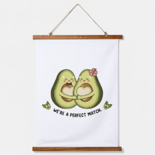 Cute Avocado Couple "We're a Perfect Match" Pun Hanging Tapestry
