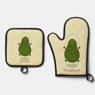 Cute avocado jump rope cartoon illustration oven mitt & pot holder set