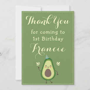 Cute Avocado Personalise Colourful 1st Birthday Thank You Card