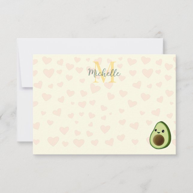 Cute Avocado Red Hearts Personalised Monogram Card (Front)
