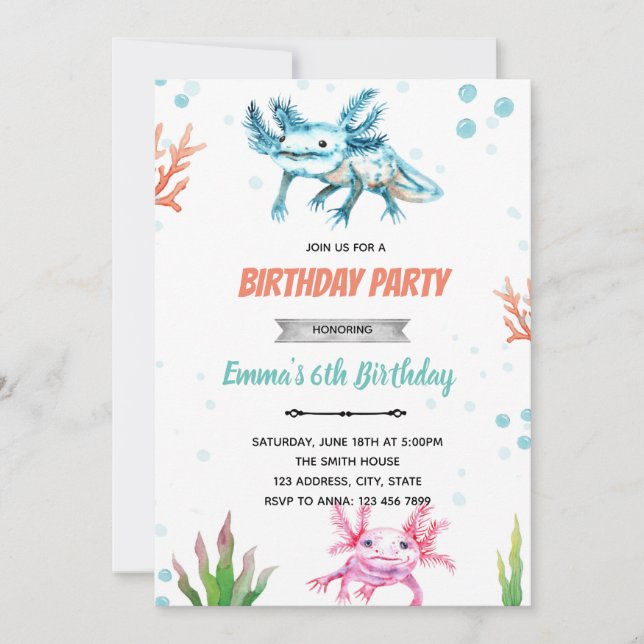 Cute axolotl birthday invitation (Front)