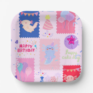 Cute axolotl birthday paper plate