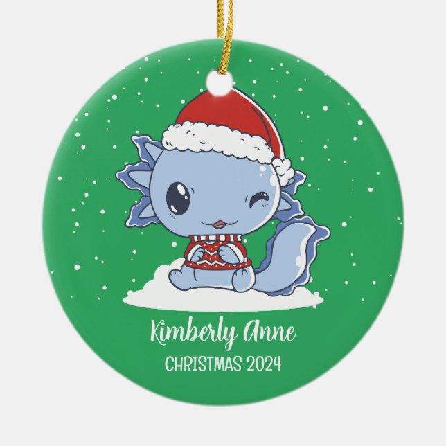 Cute Axolotl Christmas Animal Snowy Winter Holiday Ceramic Ornament (Front)