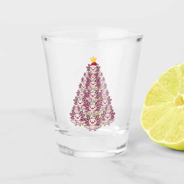 Cute Axolotl Creating a Christmas Tree   Shot Glass (Front)