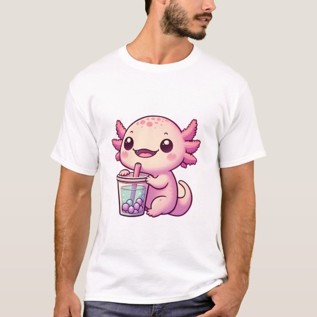 Cute Axolotl Drinking Boba Tea T-Shirt (Front)
