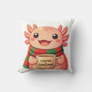 Cute Axolotl Drinking Coffee Christmas Accent Cushion