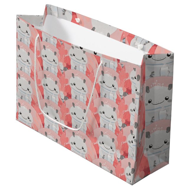 Cute Axolotl Drinking Milk Large Gift Bag (Front Angled)