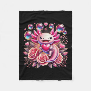 Cute Axolotl Holding Heart Romantic Valentines Day Fleece Blanket