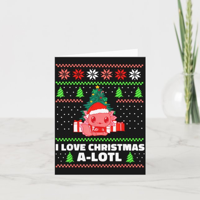 Cute Axolotl I Love Christmas A-lotl Xmas Hat Sant Card (Front)