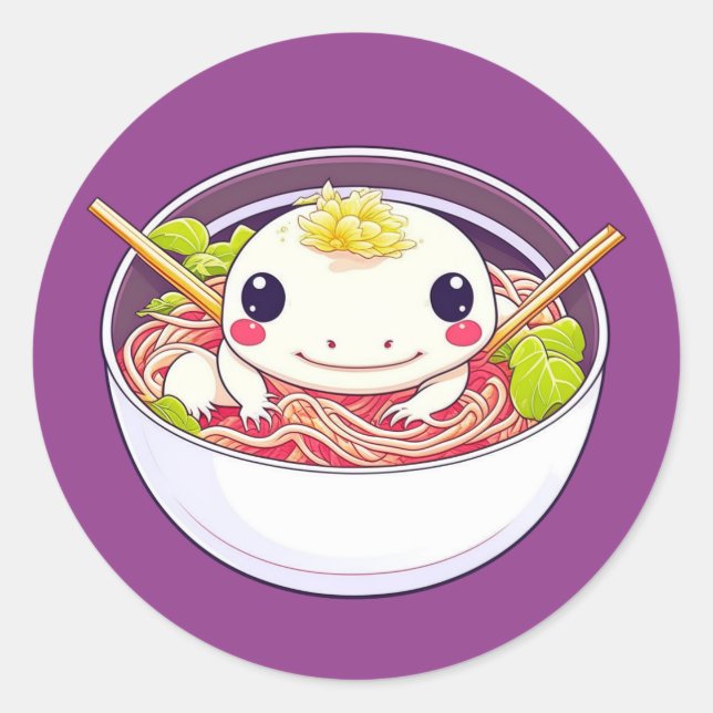 Cute Axolotl in Bowl of Ramen Soup Classic Round Sticker (Front)