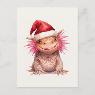 Cute Axolotl in Santa Hat Watercolor Holiday Postcard