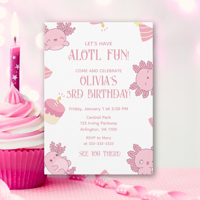Cute Axolotl Kids Pink Alotl Fun Birthday Invitation (Creator Uploaded)